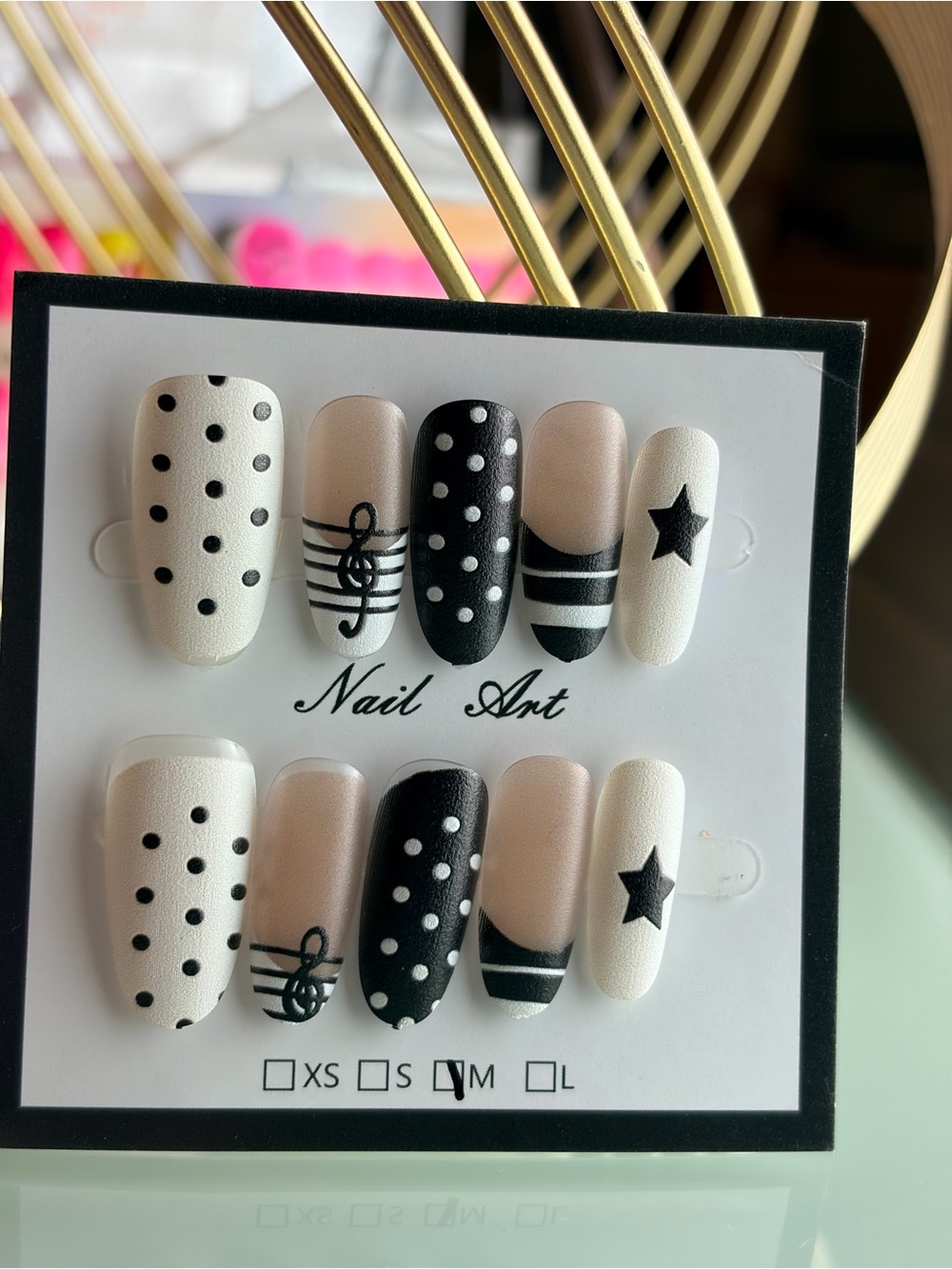 Music NotesBlack & White Polka Dot and Star Press-On Nails Medium